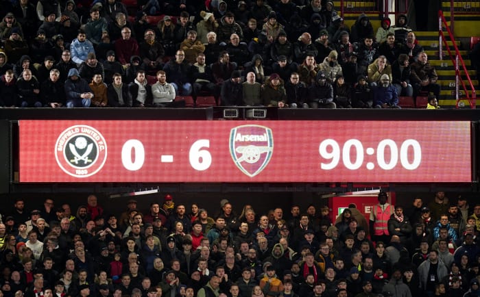 A photo taken of the scoreboard at Bramall Lane at the end of Arsenal's 6-0 away win over Sheffield United in March 2024